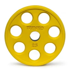 310 Lb. Rubber Encased EZ-Lift Colored Plate Olympic Barbell Set With American-Made Olympic Bar – Ivanko (ROEZHC-310S) -Detecto Sales ivanko roezh 25y yellow
